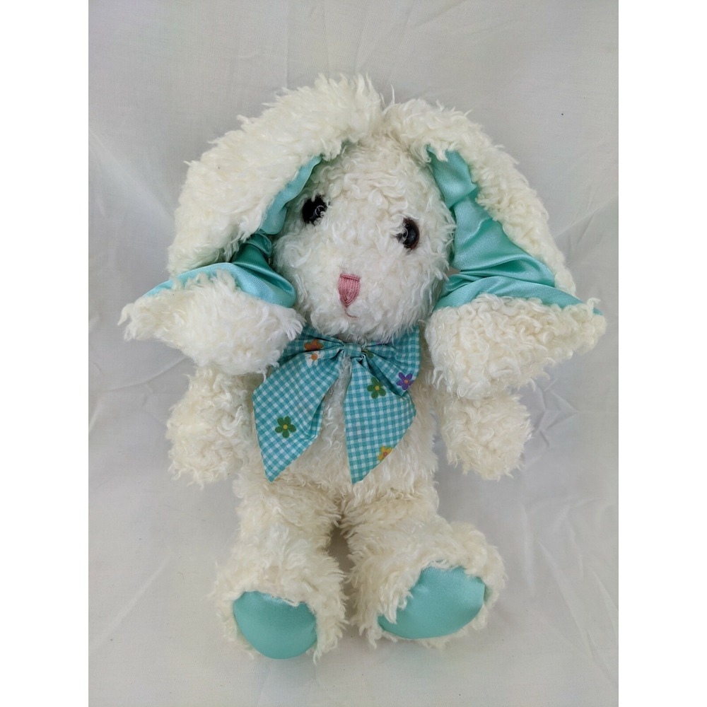 Commonwealth Rabbit Plush Bunny 11 Inch Teal Green Satin Curly Ears Feet Stuffed